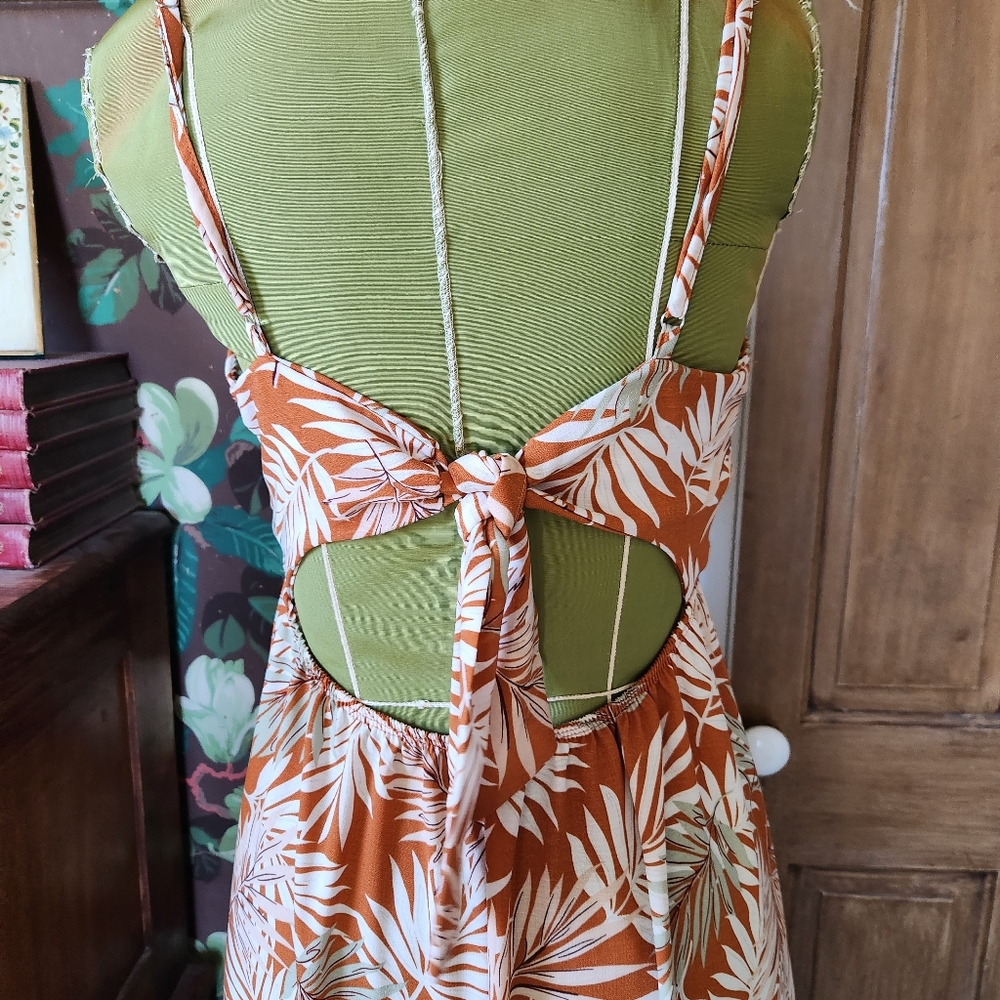Iris Womens Tropical Palm Print Maxi Dress L Orange White Babydoll Empire Cutout - Picture 7 of 8